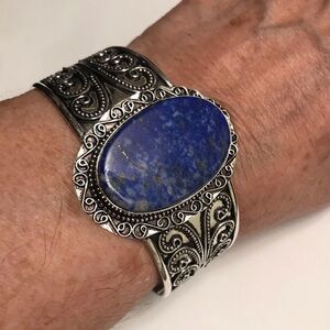 Lapis Lazuli Stamped Solid 925 Sterling Silver Cuff Bracelet